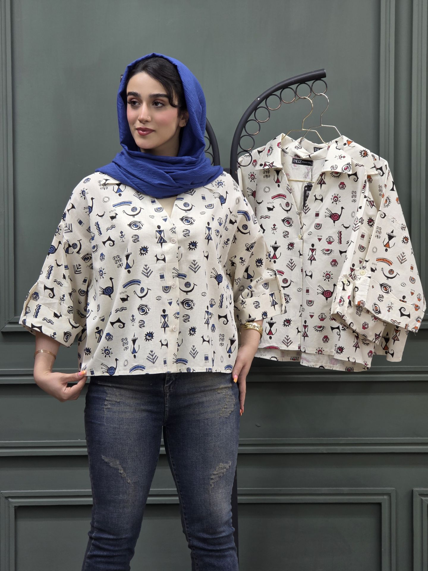 شومیز لنین چاپی آستین پاکتی
